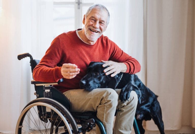 Smiling man in wheelchair with black dog.